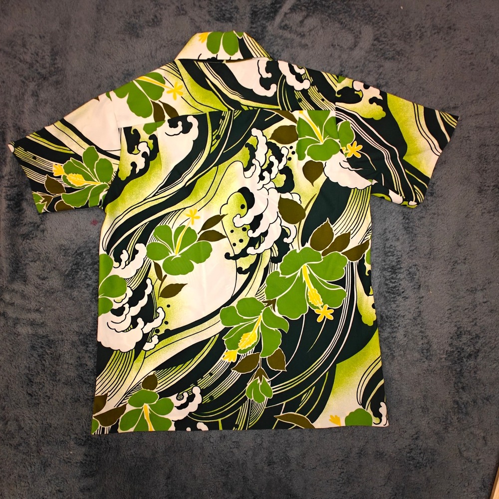 Vintage 1960s Hawaii Nei Honolulu Green Floral Aloha Shirt Big Collar Mens S/M - Picture 8 of 13